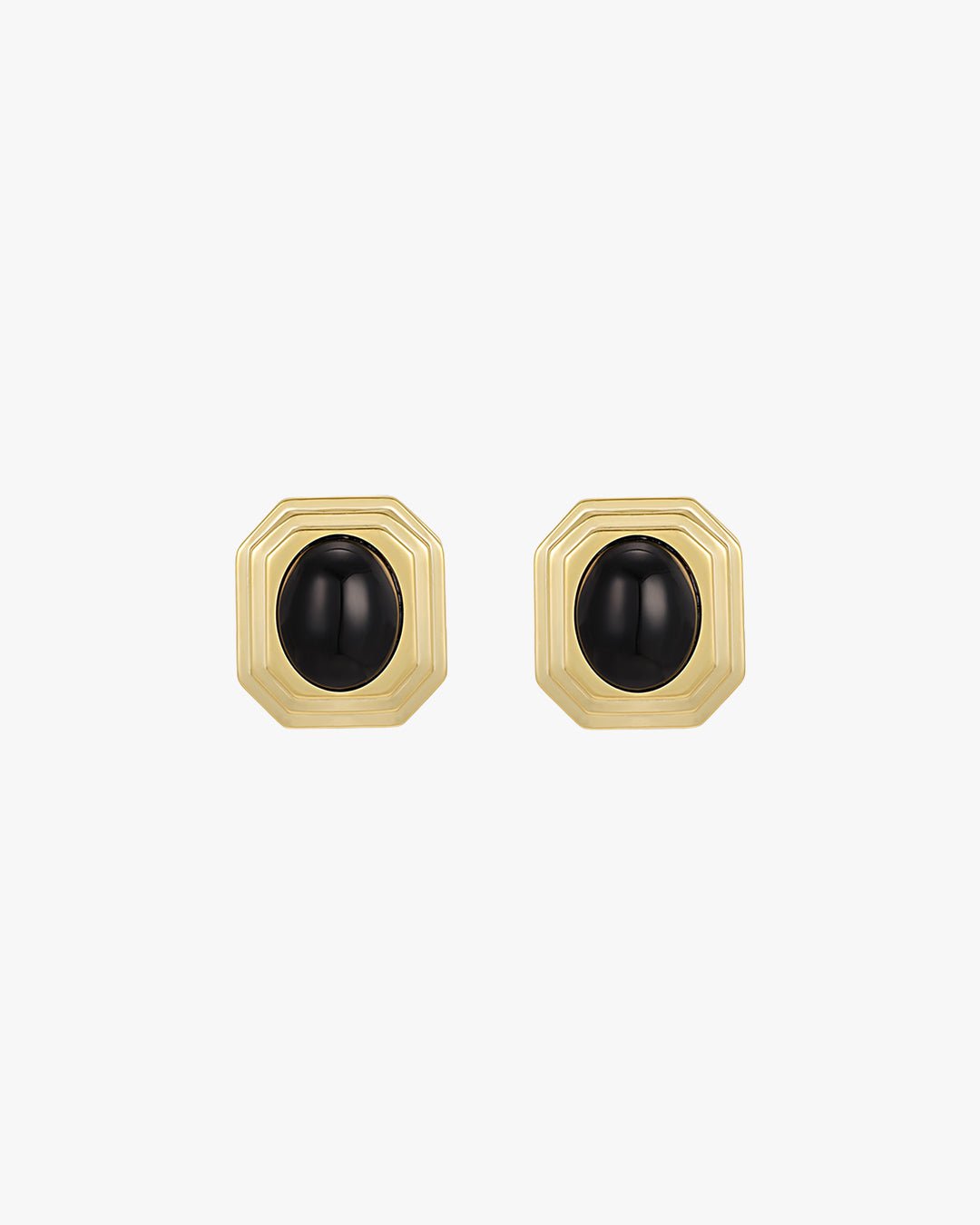 Gold Stud Earrings with Black Oval Center β Geometric Frame