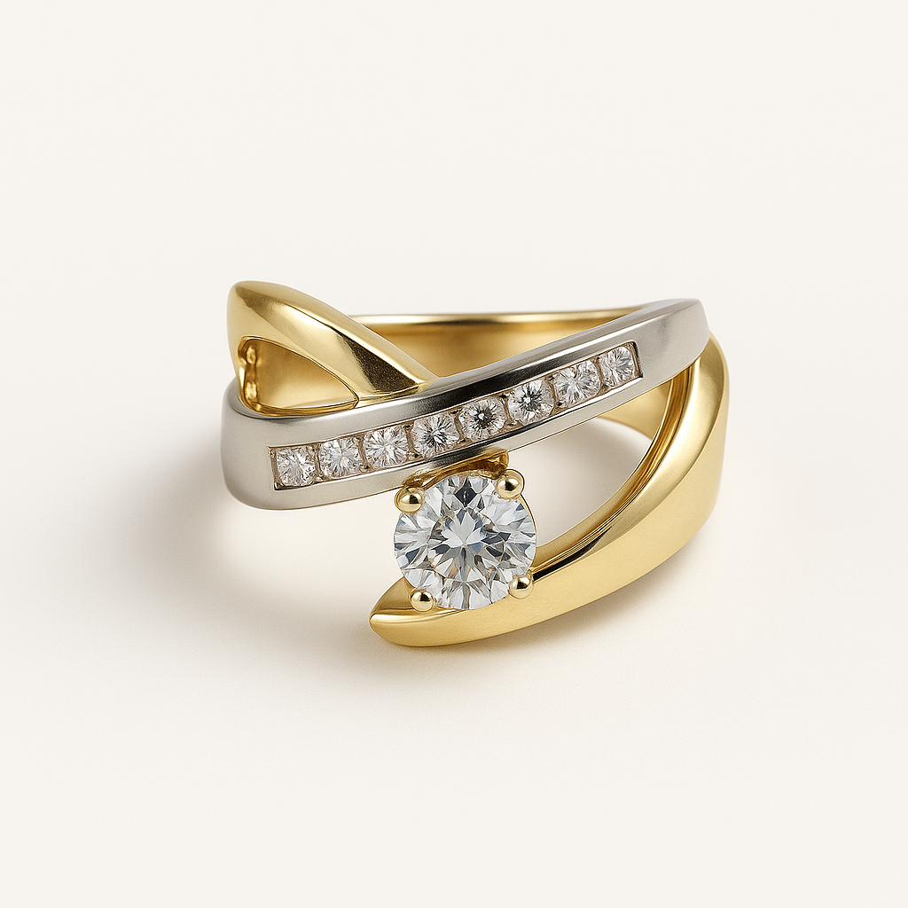 Two-Tone Crossover Ring with Round Zircon Centerpiece