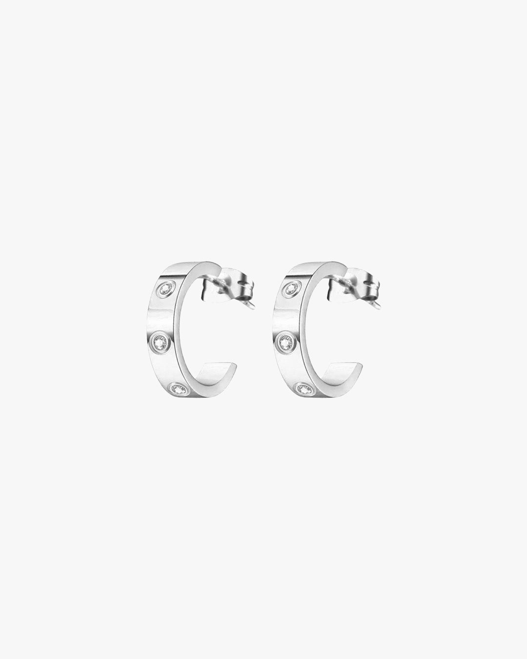 Silver Studded Hoop Earrings β Minimalist Half Hoops with Crystal Details