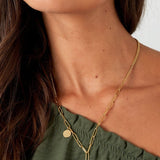 Gold Layered Charm Necklace - Chain Coin & Good Luck Motif - 18K Gold Tone