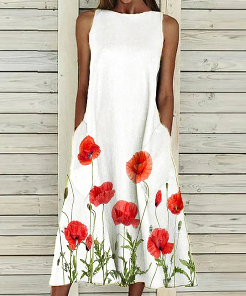 Women's Sleeveless A Line Summer Dress with Boat Neckline  | Midi