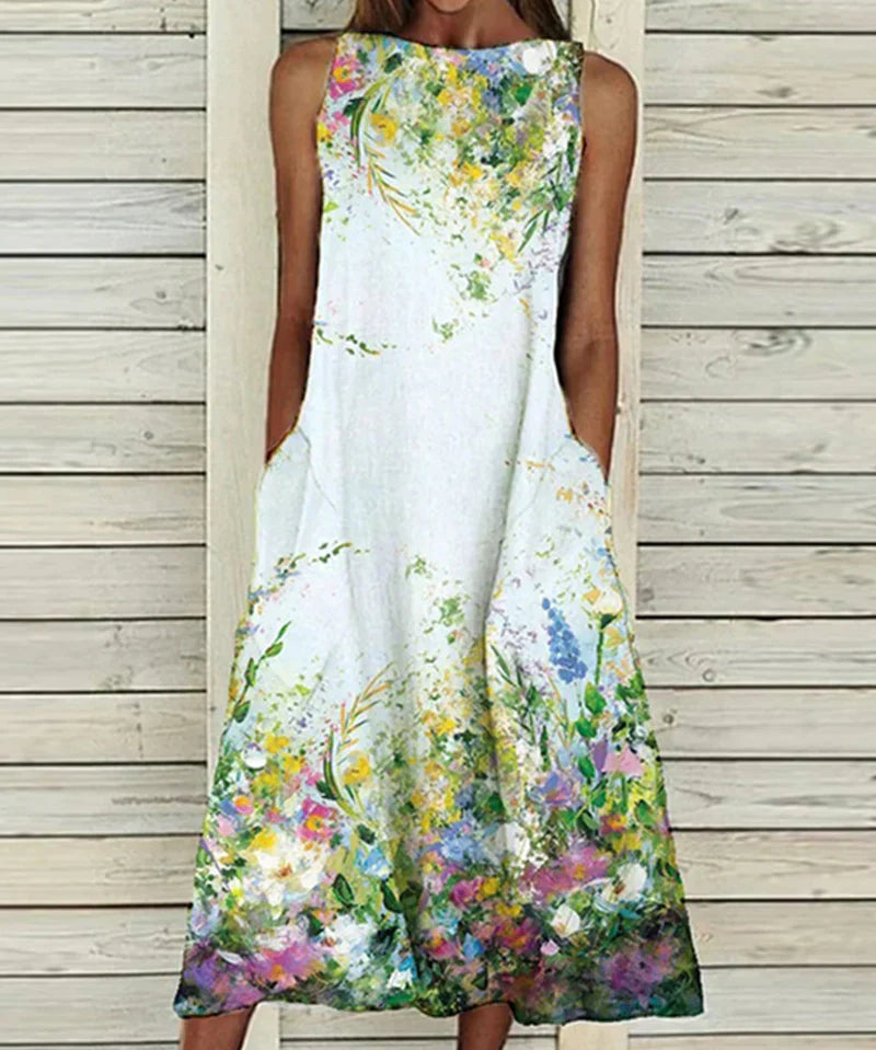 Women's Sleeveless A Line Summer Dress with Boat Neckline  | Midi