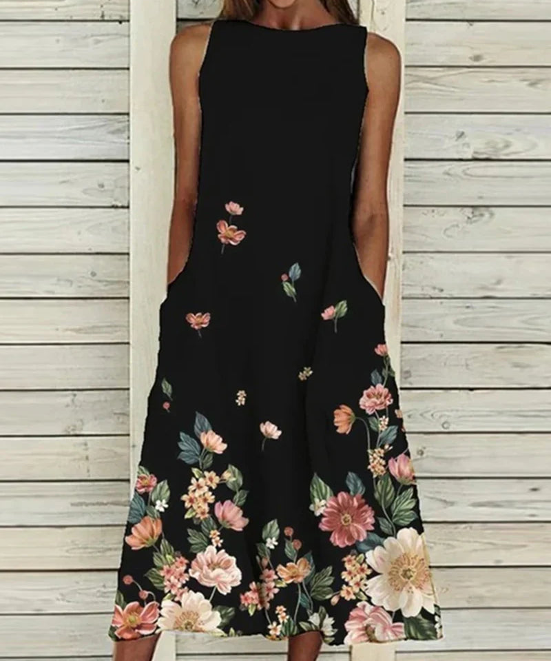 Women's Sleeveless A Line Summer Dress with Boat Neckline  | Midi