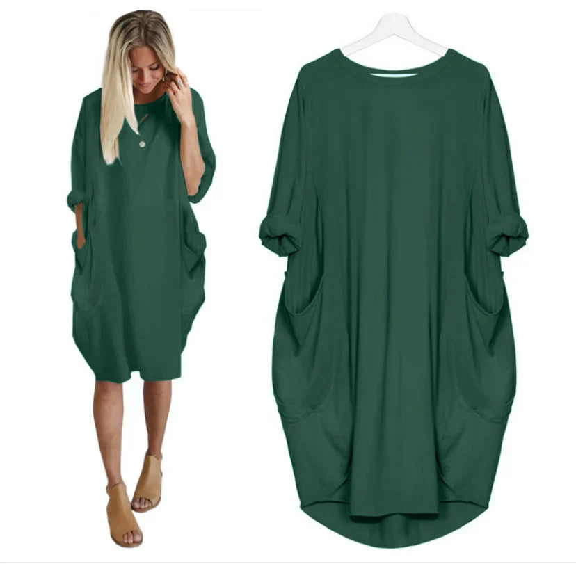 Women's Long Sleeve Loose Fit Round Neck Summer Dress | Midi