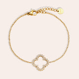 Gold Zirconia Lucky Flower Bracelet - Sparkling Clover Motif - 18K Gold Tone