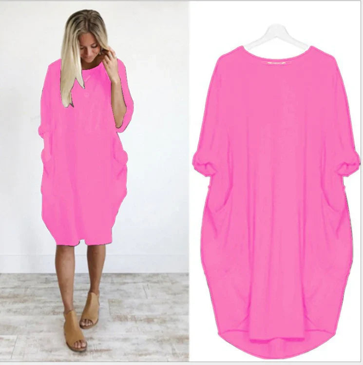 Women's Long Sleeve Loose Fit Round Neck Summer Dress | Midi
