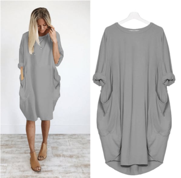 Women's Long Sleeve Loose Fit Round Neck Summer Dress | Midi