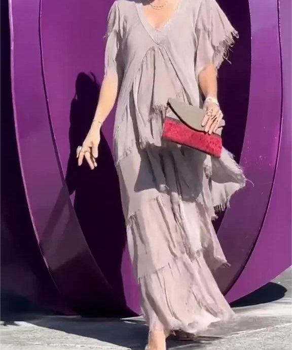 Women's Short Sleeves V-Neck Tiered Ruffle Dress | Maxi