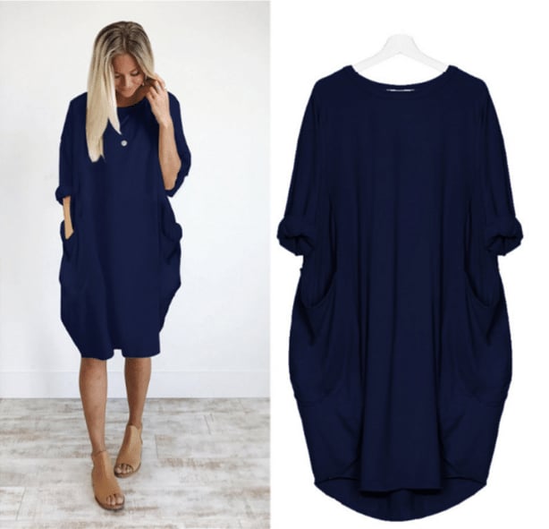 Women's Long Sleeve Loose Fit Round Neck Summer Dress | Midi