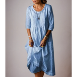Women's Plain 3/4 Sleeve Round Neck Dress | Midi