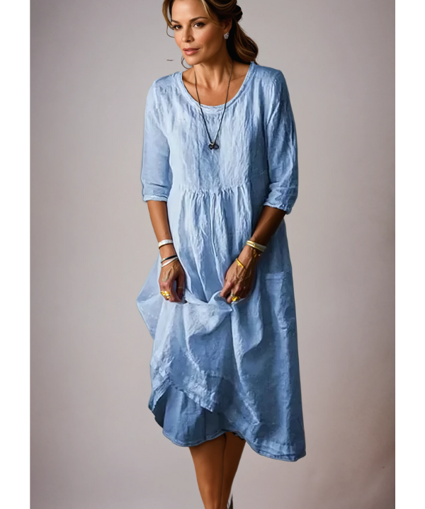 Women's Plain 3/4 Sleeve Round Neck Dress | Midi