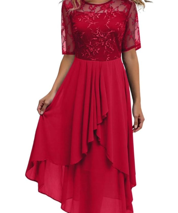 Women's Short Sleeve Layered Round Neck Wedding Guest Dress | Midi