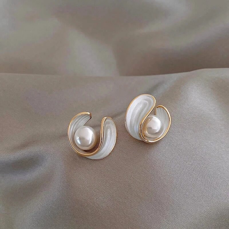 Curved Enamel Earrings with Pearl Accents in Gold Trim