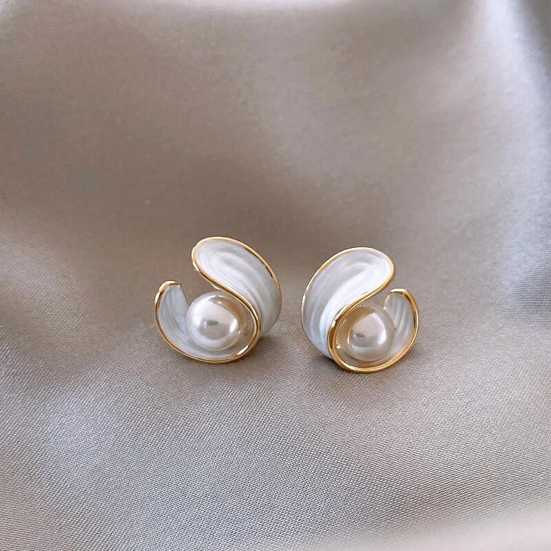 Curved Enamel Earrings with Pearl Accents in Gold Trim