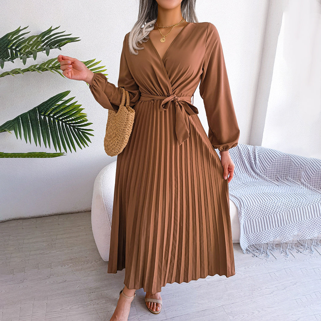 Women's Long Sleeve Pleated Wrap Maxi Dress | V-Neck