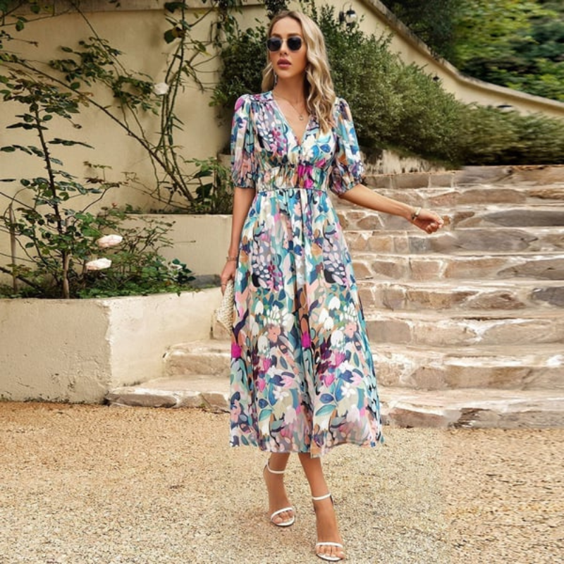 Women's V Neck 3/4 Sleeves Floral Summer Dress | Midi