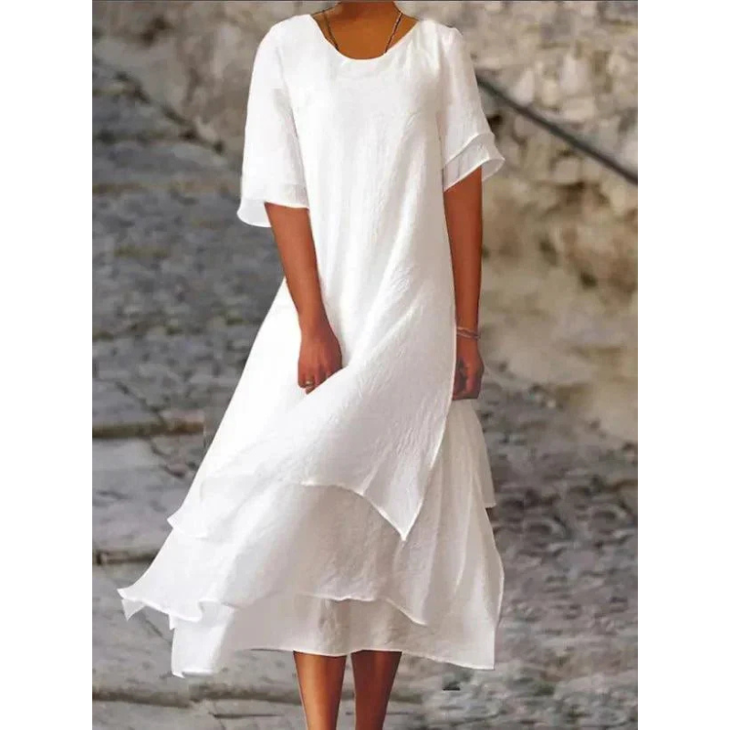 Women's Round Neck Layered Short Sleeves Summer Dress | Midi