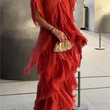 Women's Short Sleeves V-Neck Tiered Ruffle Dress | Maxi