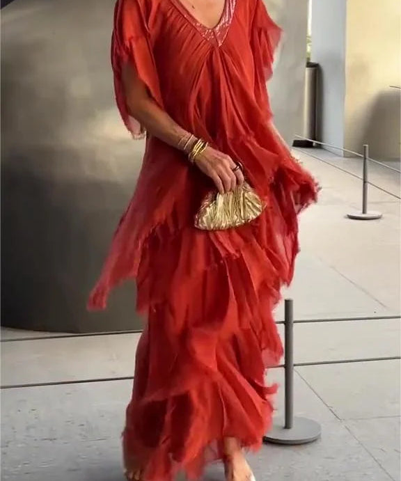 Women's Short Sleeves V-Neck Tiered Ruffle Dress | Maxi