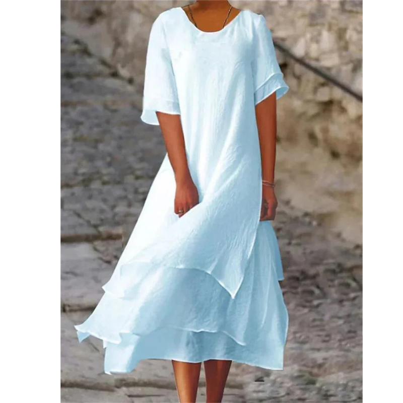 Women's Round Neck Layered Short Sleeves Summer Dress | Midi