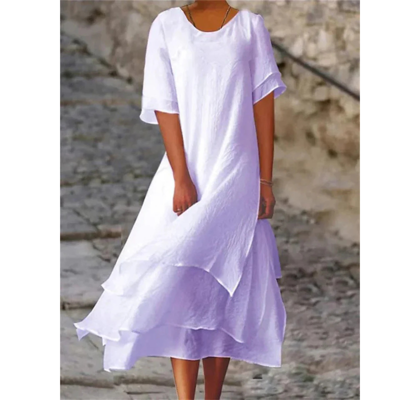 Women's Round Neck Layered Short Sleeves Summer Dress | Midi