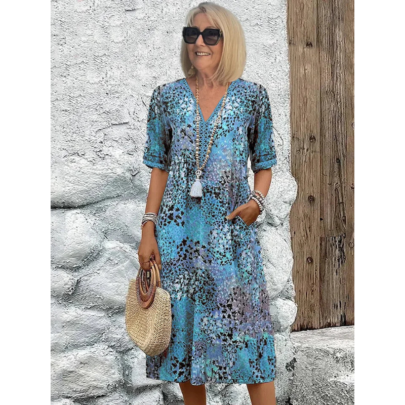 Women's Casual Loose Fit 3/4 Sleeve Midi Summer Dress | with Pockets