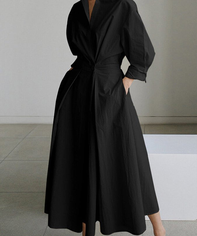 Women's Long Sleeve Formal Dress with Collar | Midi