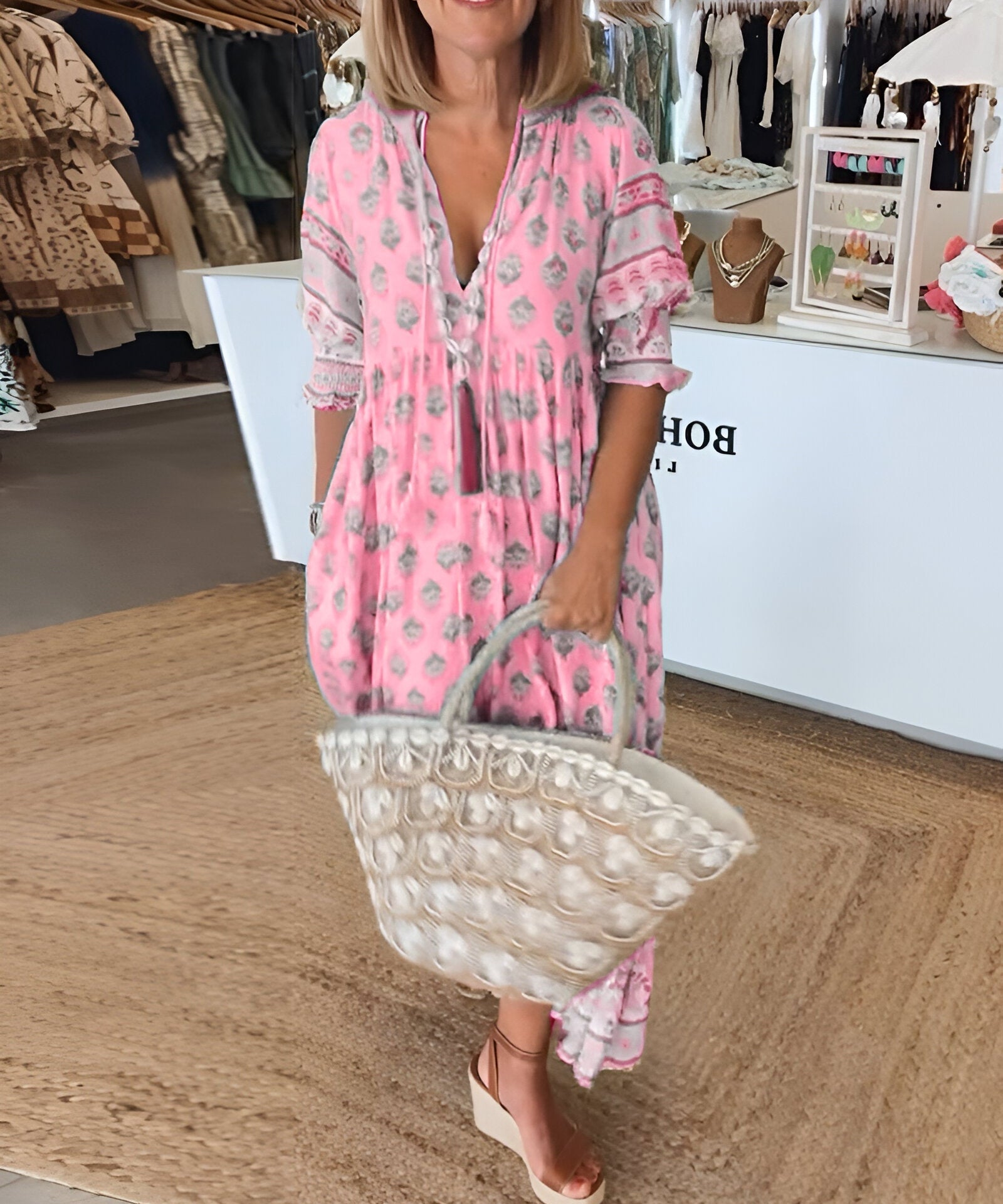 Women's V Neck 3/4 Sleeves Boho Style Dress | Maxi