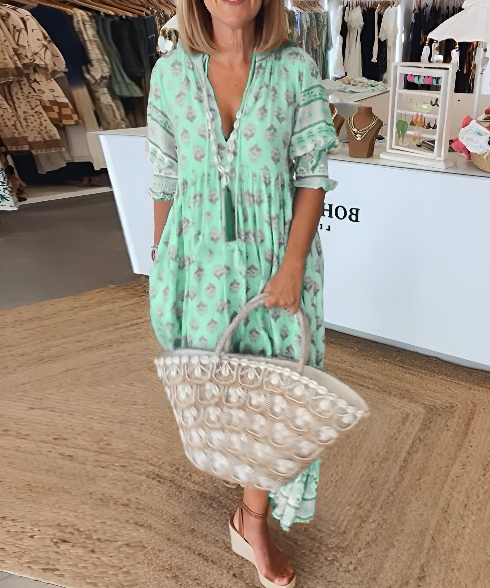 Women's V Neck 3/4 Sleeves Boho Style Dress | Maxi