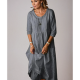 Women's Plain 3/4 Sleeve Round Neck Dress | Midi