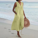 Women's Button-Down Sleeveless V-Neck Beach Dress | Midi