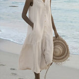 Women's Button-Down Sleeveless V-Neck Beach Dress | Midi
