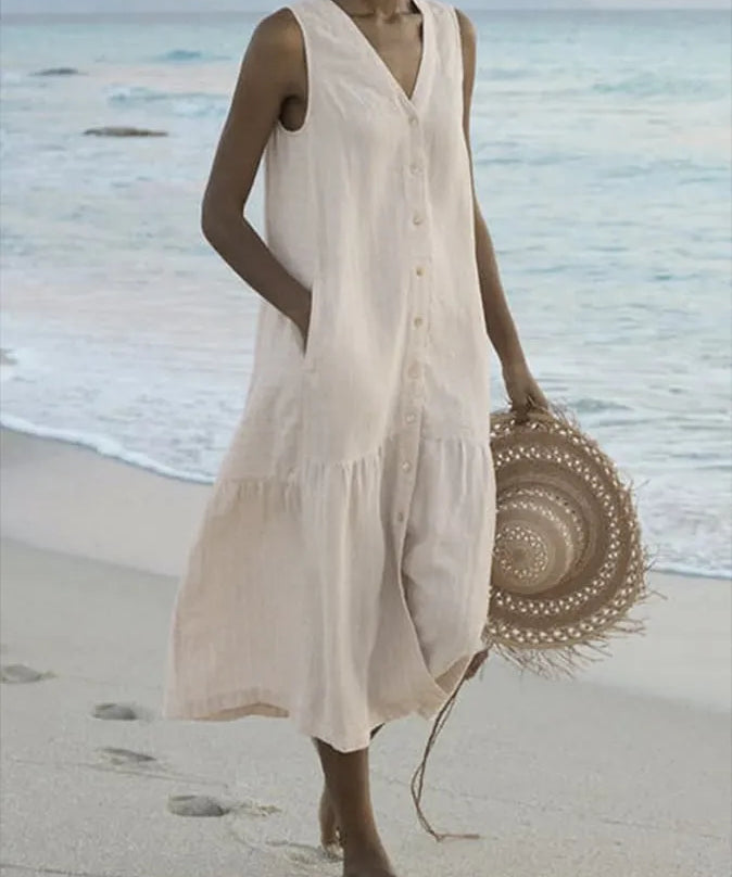 Women's Button-Down Sleeveless V-Neck Beach Dress | Midi