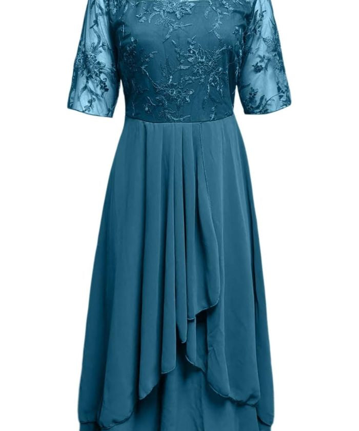 Women's Short Sleeve Layered Round Neck Wedding Guest Dress | Midi