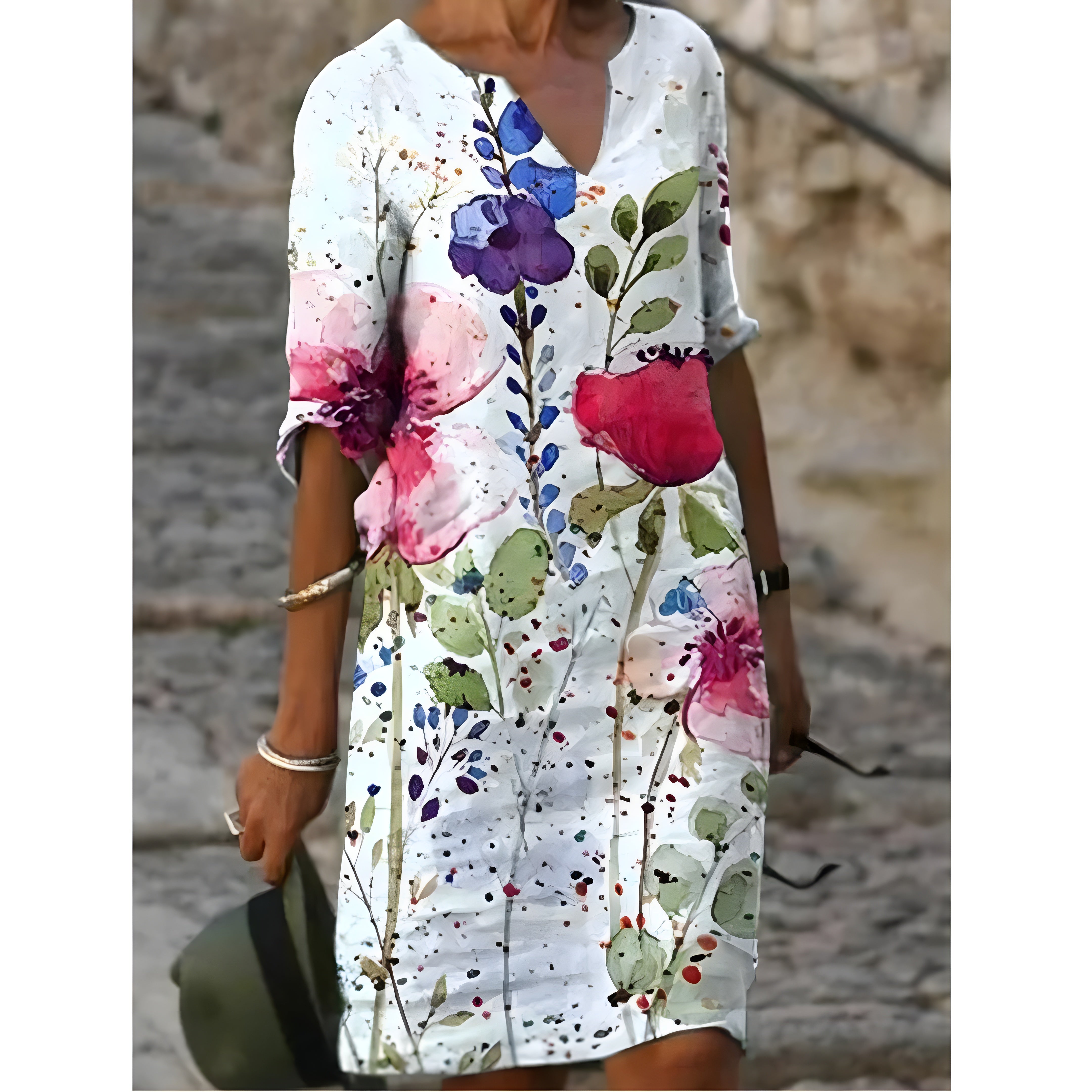 Women's Printed 3/4 Sleeve V-Neck Summer Dress | Mini