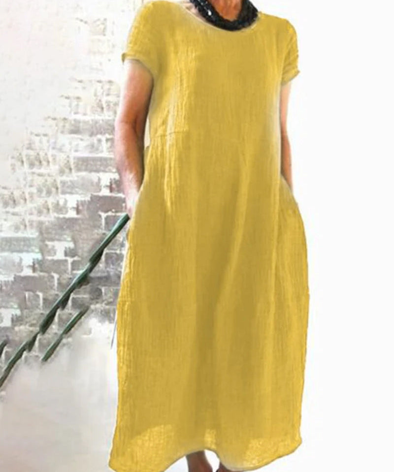 Women's A Line Round Neck with Short Sleeve Dress | Midi