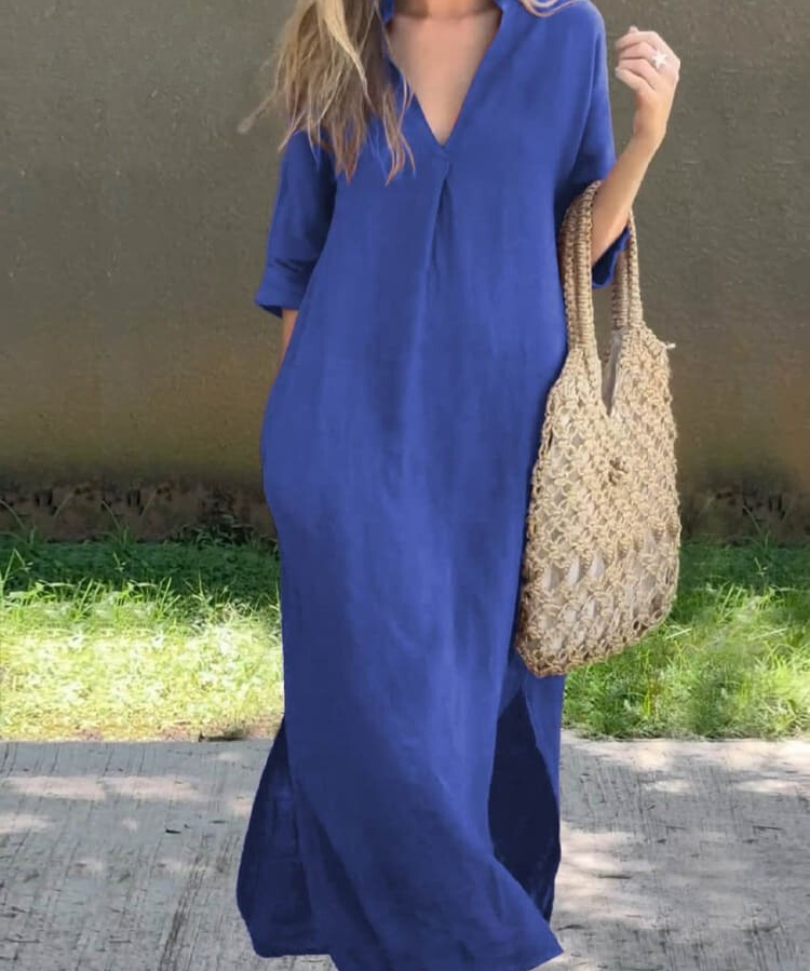 Women's Relaxed Fit 3/4 Sleeves V Neck Summer Dress | Midi