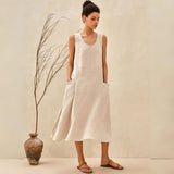 Women's Round Neck Sleeveless Summer Midi Dress | With Pockets