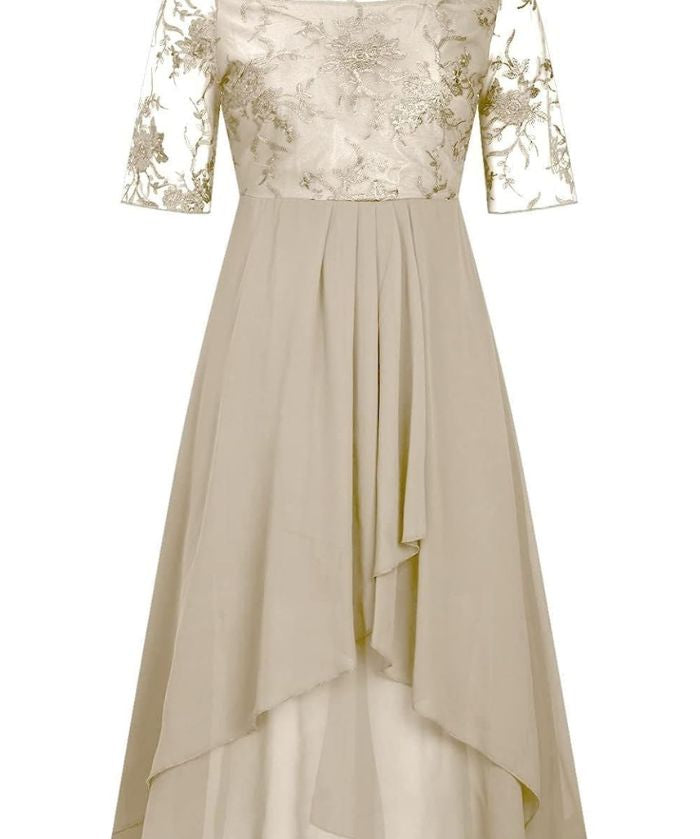 Women's Short Sleeve Layered Round Neck Wedding Guest Dress | Midi