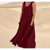 Women's Round Neck Sleeveless Summer Midi Dress | With Pockets
