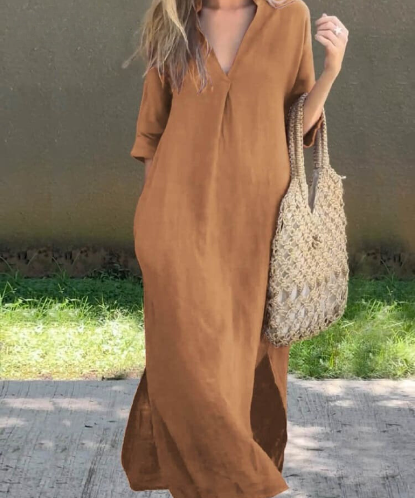 Women's Relaxed Fit 3/4 Sleeves V Neck Summer Dress | Midi