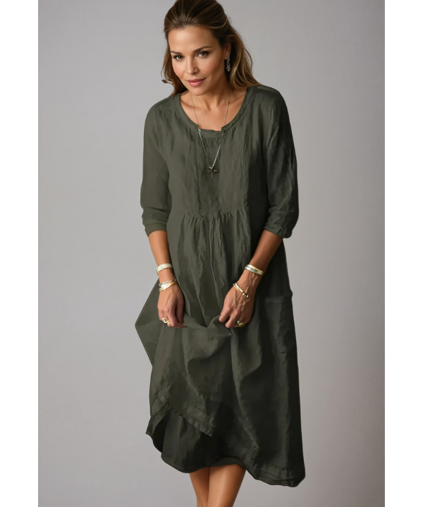 Women's Plain 3/4 Sleeve Round Neck Dress | Midi