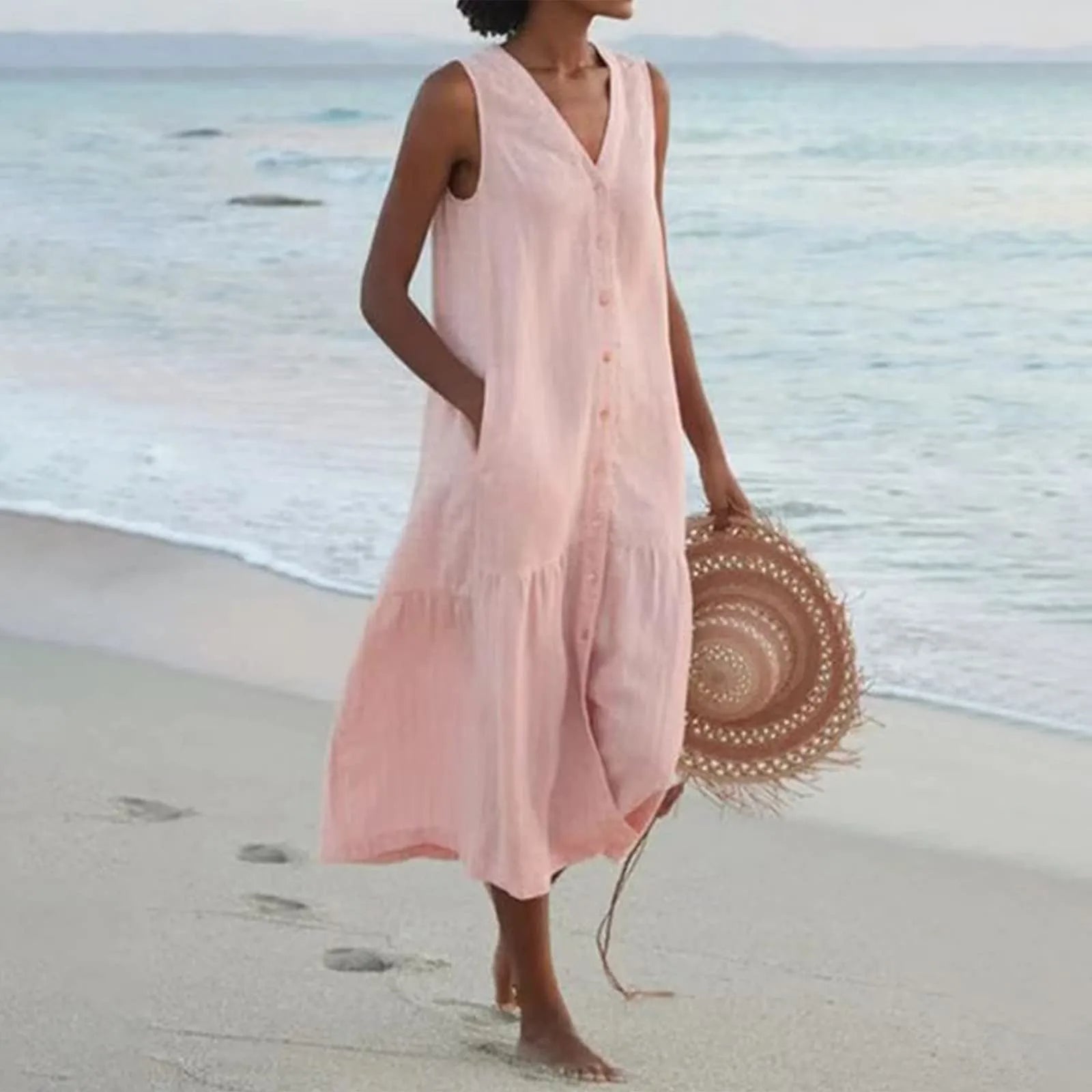 Women's Button-Down Sleeveless V-Neck Beach Dress | Midi