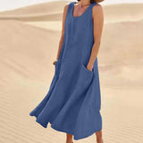 Women's Round Neck Sleeveless Summer Midi Dress | With Pockets