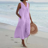 Women's Button-Down Sleeveless V-Neck Beach Dress | Midi