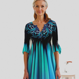 Women's Gradient Design Dress with Split Neckline & 3/4 Sleeves | Midi