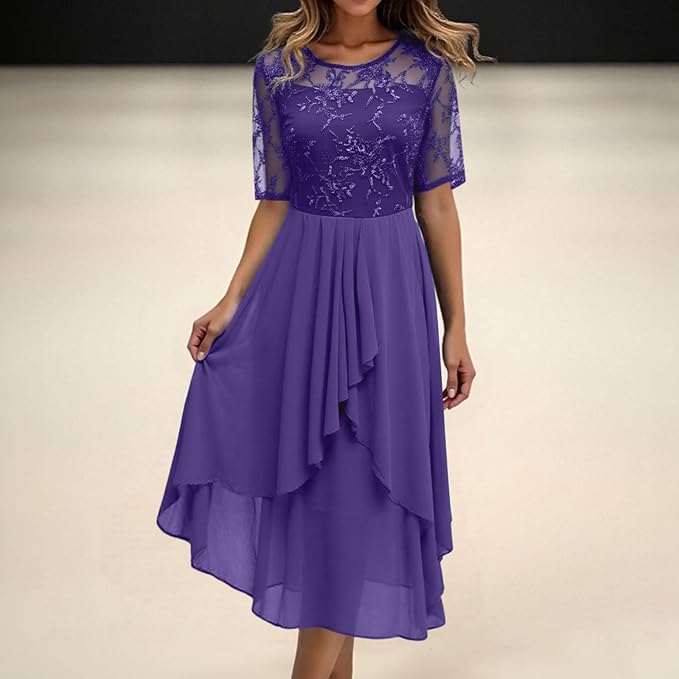 Women's Short Sleeve Layered Round Neck Wedding Guest Dress | Midi