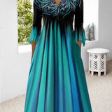 Women's Gradient Design Dress with Split Neckline & 3/4 Sleeves | Midi