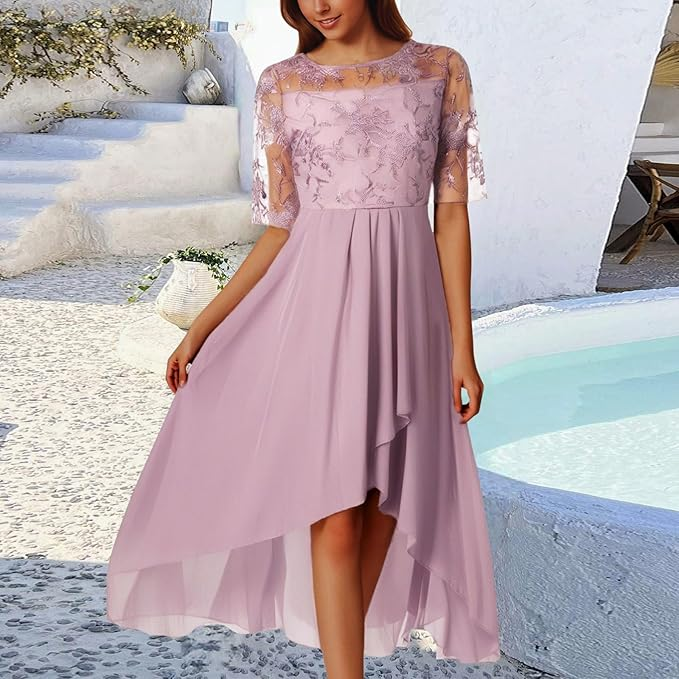 Women's Short Sleeve Layered Round Neck Wedding Guest Dress | Midi