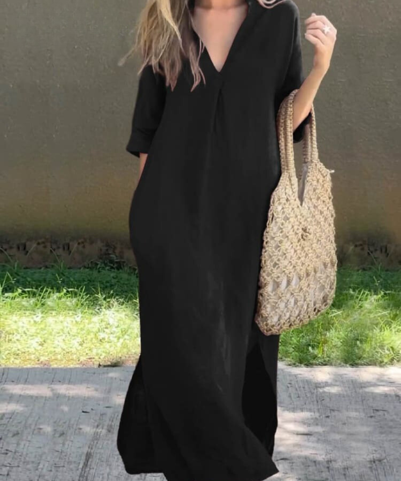 Women's Relaxed Fit 3/4 Sleeves V Neck Summer Dress | Midi